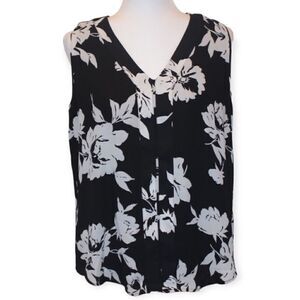 NWT Tahari Black White FLoral  Print Blouse Women Size PL